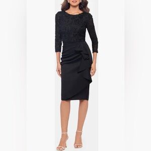 NWT Xscape evenings Ruffle Floral Appliqué Sheath Cocktail Dress in black size 6